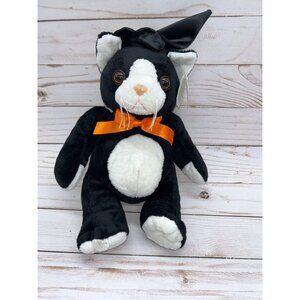 Wishpets Black Cat Plush 9" Halloween Witch Kittie Orange Bow White Belly Stuffe